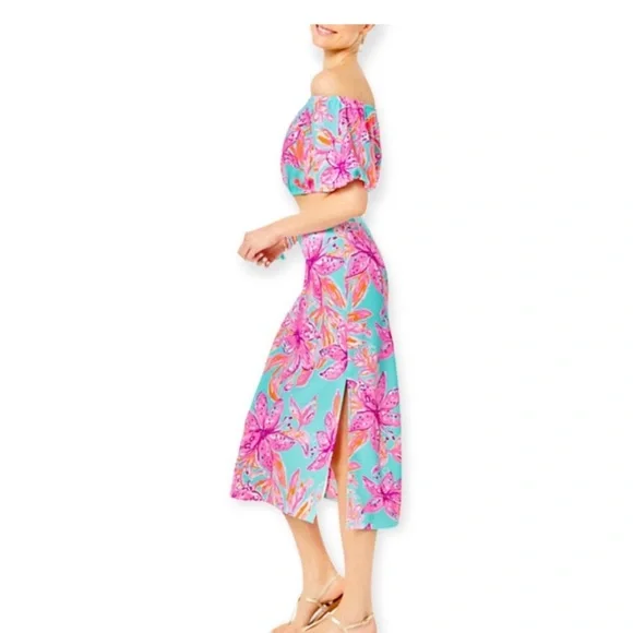 Lilly Pulitzer Pink and Blue Floral Crop Top & Midi Skirt - Picture 2 of 3